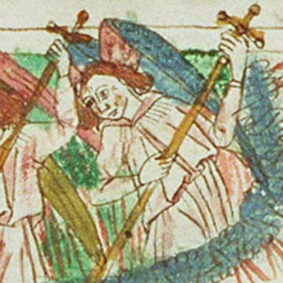 La chute des anges rebelles (Speculum humanæ salvationis, KB 10B34, F1va)
