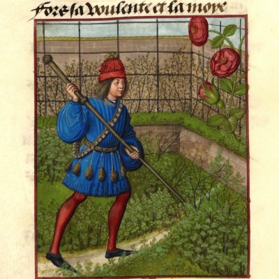 L’amant regarde la rose (Roman de la rose, Londres Harley 4425, F184v)