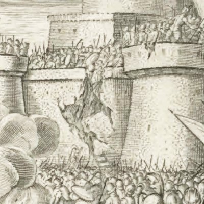 Ignace blessé au siège de Pampelune en 1521 (Vita I. Loiolæ, 1622)