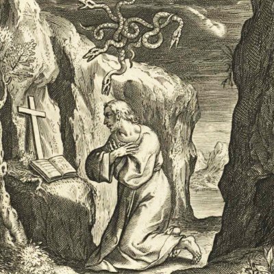 Ignace ermite résiste à des fantômes de serpents (Vita I. Loiolæ, 1622)