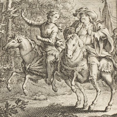 Agnès, suivie de Bonneau, vole vers son amant (Voltaire, La Pucelle d’Orléans, ch. 3, 1762)