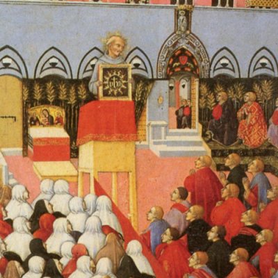Bernardin de Sienne prêche et brandit le symbole IHS - Sano di Pietro