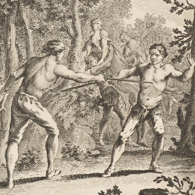 While Arondel and La Trimouille fight, their belles are taken away (Voltaire, La Pucelle d'Orléans, ch. 8, 1762)