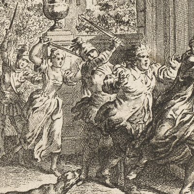 Charles, Bonneau, La Trimouille, Jeanne et Dunois pris de folie au château d'Hermaphrodix (Voltaire, La Pucelle d’Orléans, ch. 17, 1762)