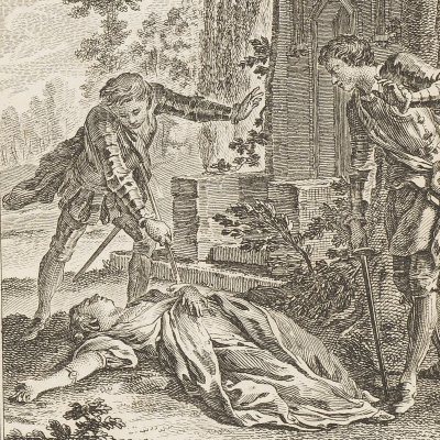 Suicide de La Trimouille devant Dorothée morte (Voltaire, La Pucelle d’Orléans, ch. 18, 1762)