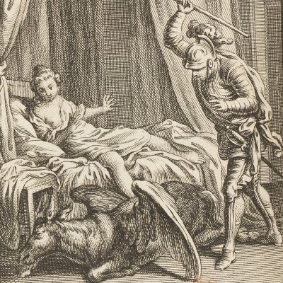 Dunois surprises Jeanne with a donkey (Voltaire, La Pucelle d'Orléans, ch. 19, 1762)