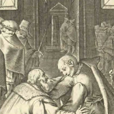 Le Recteur de la Sorbonne tombe aux pieds d’Ignace (Vita I. Loiolæ, 1622)
