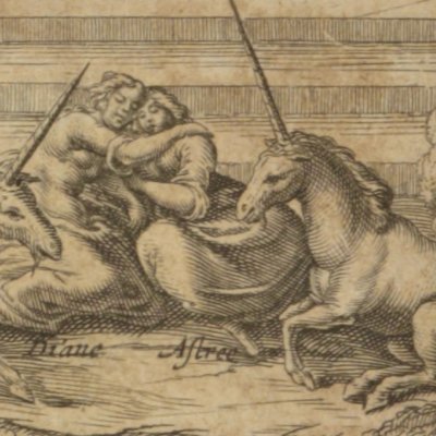 Diana and Astra asleep between two unicorns (L'Astrée 1633, V, 8)