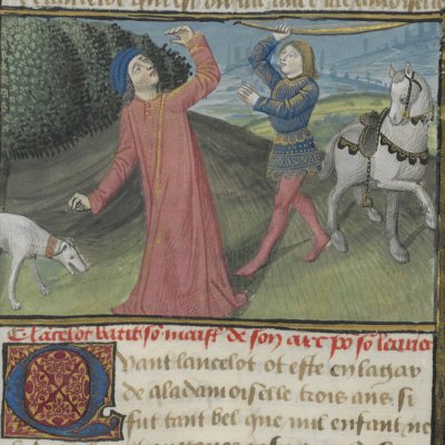 Lancelot bat son maître de son arc pour son lévrier (Lancelot du lac, Ms Fr 113)
