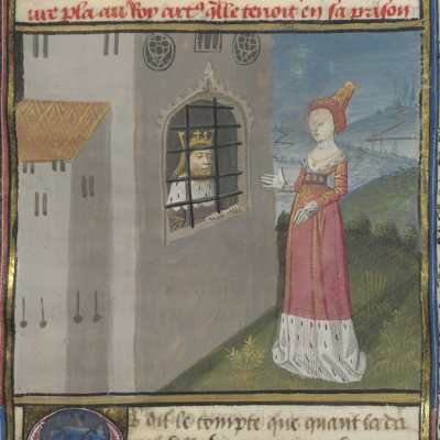 La fausse Guenièvre visite Arthur dans sa prison (Lancelot du lac, Ms Fr 114)