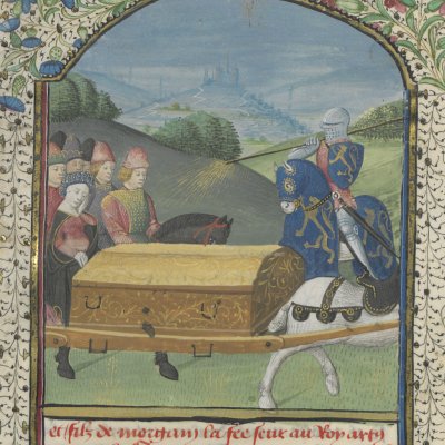 Yvain rencontre une procession avec un coffre (Lancelot du lac, Ms Fr 114)