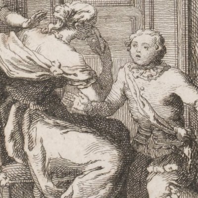 Dorinde montre à Mérindor son visage vérolé (L’Astrée, 1733, IV, 4) - Guélard