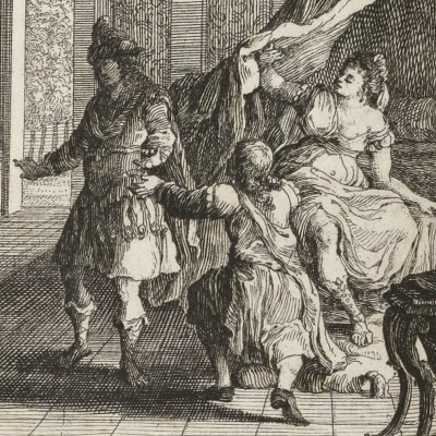 Mélandre surprend Lydias aux pieds d’Amérine (L’Astrée, 1733, V, 2) - Rigaud