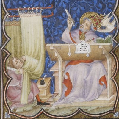 Une colombe inspire Grégoire le Grand (Petites Heures de Jean de Berry)