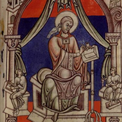 Grégoire écrivant sous la dictée de la colombe (S. Gregorii Magni epistolae)