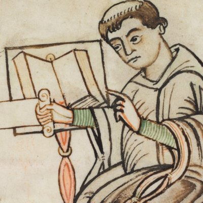 Saint Grégoire, la colombe et le diacre Pierre (Moralia in Job, page de titre)