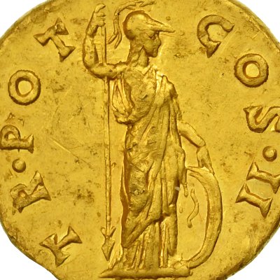 Pallas avec haste renversée et bouclier (aureus à l’effigie de Marc Aurèle)