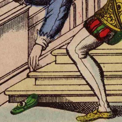 The king's son picks up the slipper (Cinderella, Epinal picture book)