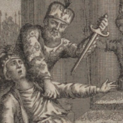Horam poignarde Tasnar aux yeux de Misnar (Les Contes des génies, t. 2, 1782)