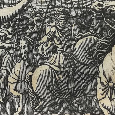 Frontispice : la patrie se dresse devant César (Pharsale, trad Brébeuf, 1657)