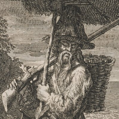 L’accoutrement de Robinson (Robinson Crusoe, tr. fr., Amsterdam, Chatelain, 1720) - Picart