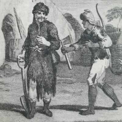Robinson et Vendredi partent construire une pirogue (Robinson Crusoe, Novelist’s Mag, 1781)
