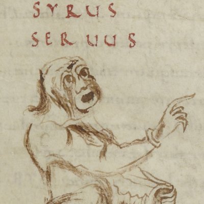 Les Adelphes, acte II, scène 3 (Térence, Latin 7899, 9e s, F°102)
