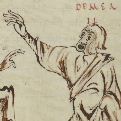 Les Adelphes, acte IV, scène 7 (Térence, Latin 7899, 9e s, F°116v)