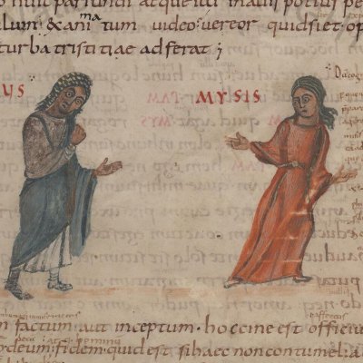 L’Andrienne, acte I, scène 4 (Térence Vat. Lat. 3868, F°7)