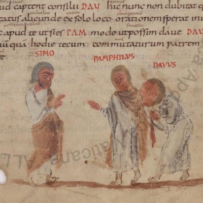 L’Andrienne, acte II, scènes 4 et 5 (Térence Vat. Lat. 3868, F°9v)