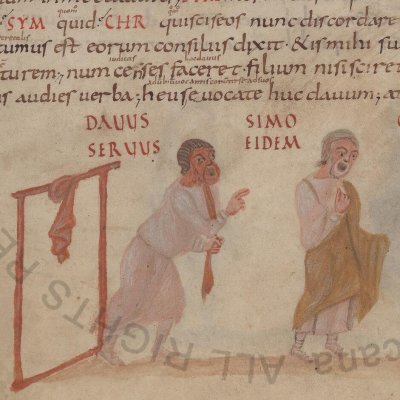 L’Andrienne, acte III, scène 4 (Térence Vat. Lat. 3868, F°12)