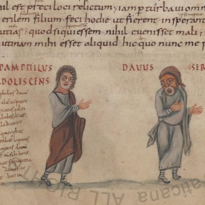 L’Andrienne, acte III, scène 5 (Térence Vat. Lat. 3868, F°12v)