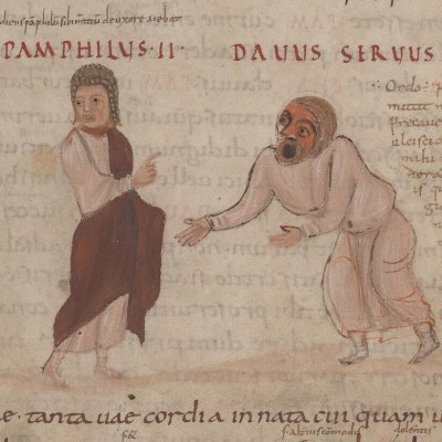 L’Andrienne, acte IV, scène 1 (Térence Vat. Lat. 3868, F°13)
