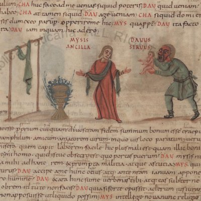 L’Andrienne, acte IV, scène 3 (Térence Vat. Lat. 3868, F°14v)