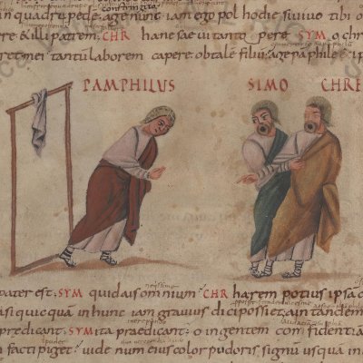 L’Andrienne, acte V, scène 3 (Térence Vat. Lat. 3868, F°17)