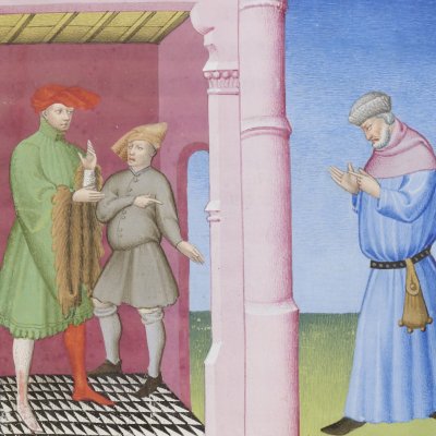 L’Andrienne, acte II, scène 3 (Térence des ducs, Arsenal Ms-664, F°19)