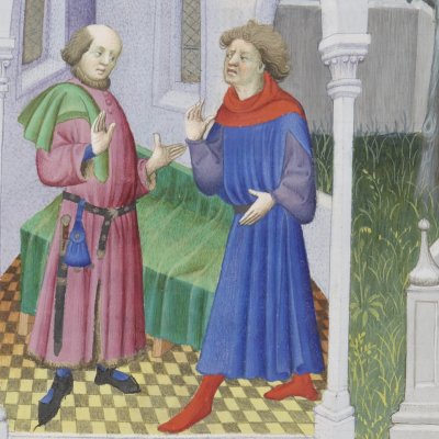Les Adelphes, acte I, scène 2 (Térence des ducs, Arsenal Ms-664, F°129v)
