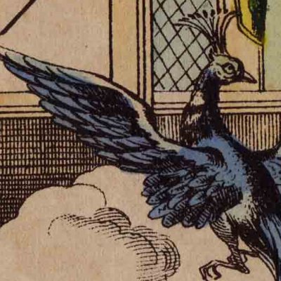 6. Soussio change le Prince en oiseau (L’Oiseau bleu, livre d’images d’Épinal)