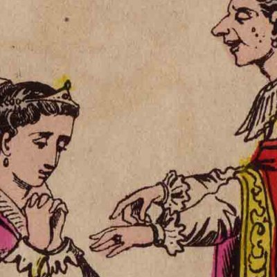7. Truitonne montre la bague à Florine (L’Oiseau bleu, livre d’images d’Épinal)