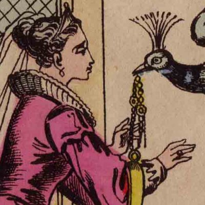 8. Un oiseau offre à Florine des bijoux (L’Oiseau bleu, livre d’images d’Épinal)