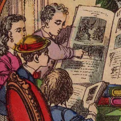 Enfants lisant les livres d’images (L’Oiseau bleu, livre d’images d’Épinal)