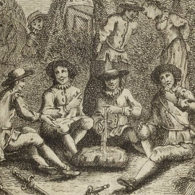 Alphonse surprend quatre voleurs dans le bois (Gil Blas, 1747, vol. 2)