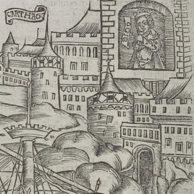 Didon regarde les bateaux partir (Virgile, Énéide 4, éd. Brant, Strasbourg Grüninger 1502, f226v)
