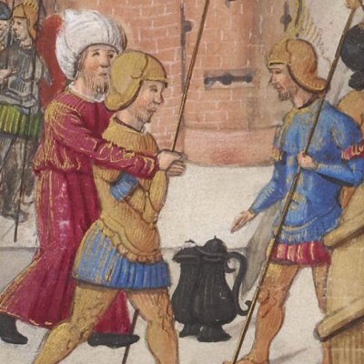 Énée fuit Troie en flammes avec Anchise sur le dos (Énéide de Saint-Gelais, Bnf Français 861, f3r)