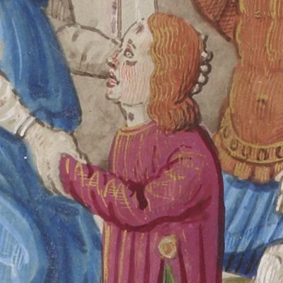 Didon accueille Énée et Iule sur son trône (Énéide de Saint-Gelais, Bnf Français 861, f24v)