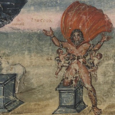 Laocoon et ses enfants étouffés par les serpents (Énéide 2, Vaticanus Vat.Lat.3225, f18v)
