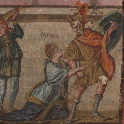 Créuse supplie Énée de ne pas aller au combat (Énéide 2, Vaticanus Vat.Lat.3225, f22)
