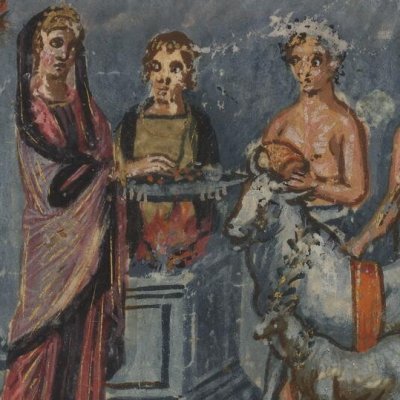 Didon consulte les entrailles des animaux sacrifiés (Énéide 4, Vaticanus Vat.Lat.3225, f33v)