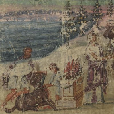 Sacrifice d’Énée pour pénétrer aux Enfers (Énéide 6, Vaticanus Vat.Lat.3225, f46v)