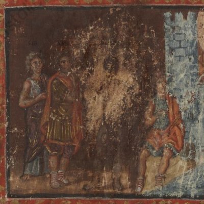 Énée rencontre Déiphobe sur le chemin de l’Élysée (Énéide 6, Vaticanus Vat.Lat.3225, f49)